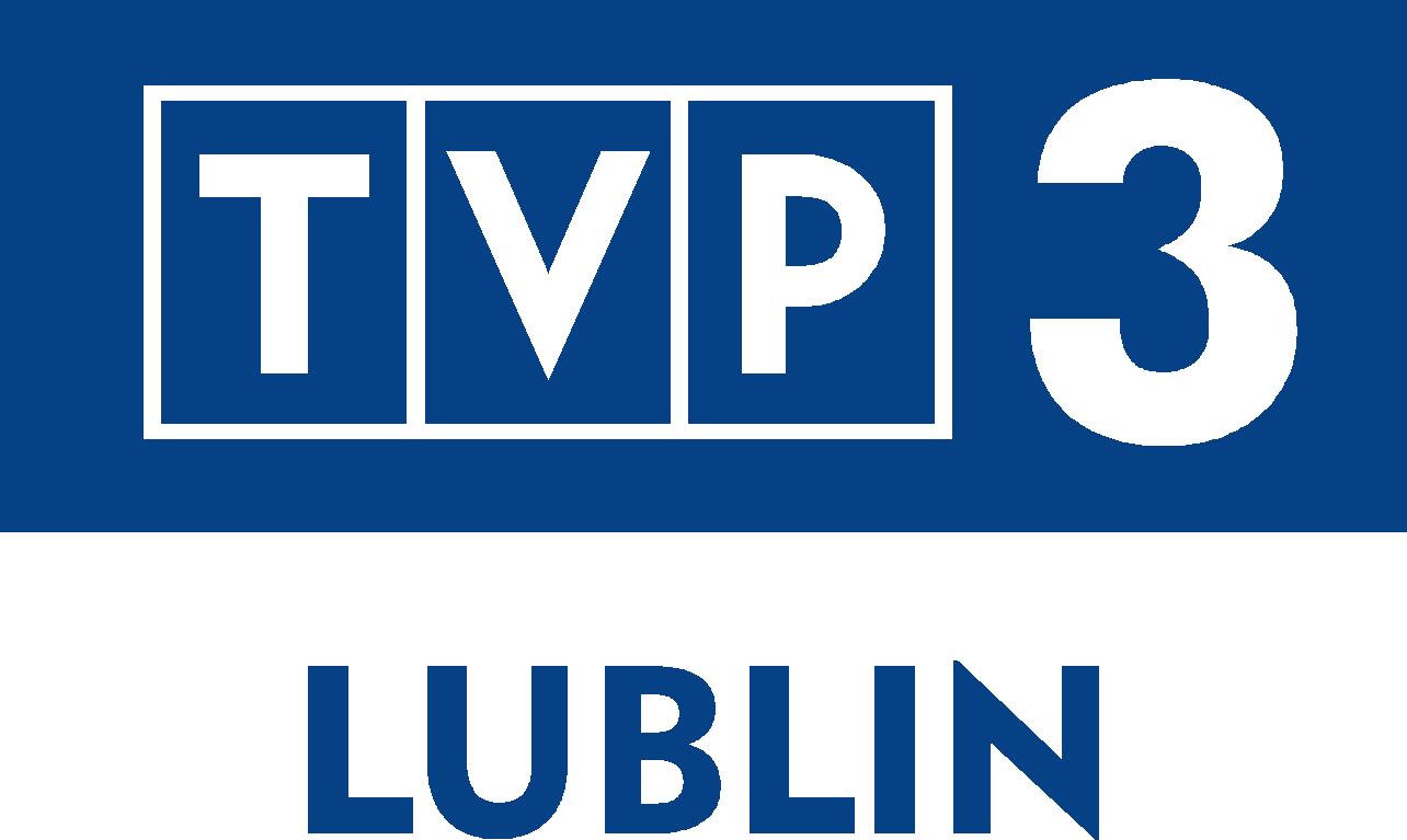 Biały napis TVP3 na granatowym tle, pod napisem granatowymi,drukowanymi literami napis LUBLIN